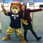 Principal Pam Cheng and Lakewood Lion Leo