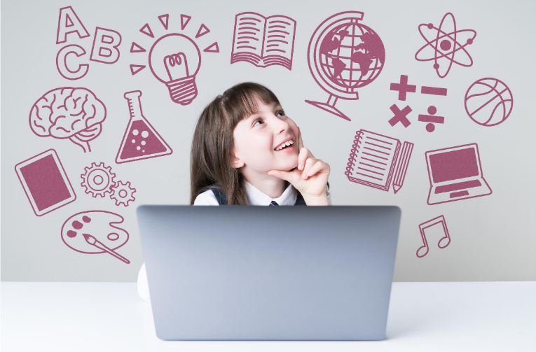 girl behind laptop daydreaming about school work